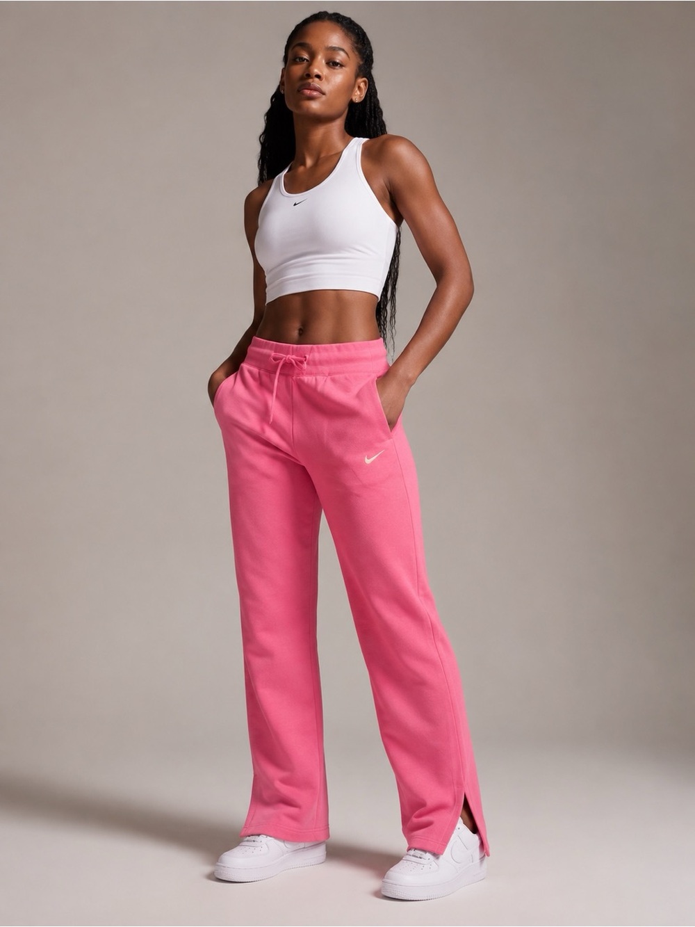 Nike Women’s XL Pink Full Length Sweatpants Straight Leg Side Slit White Swooshy